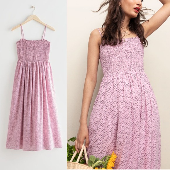 & Other Stories Dresses & Skirts - New & OTHER STORIES 100% Cotton Pink Floral Sleeveless Smocked Midi Dress Size 8